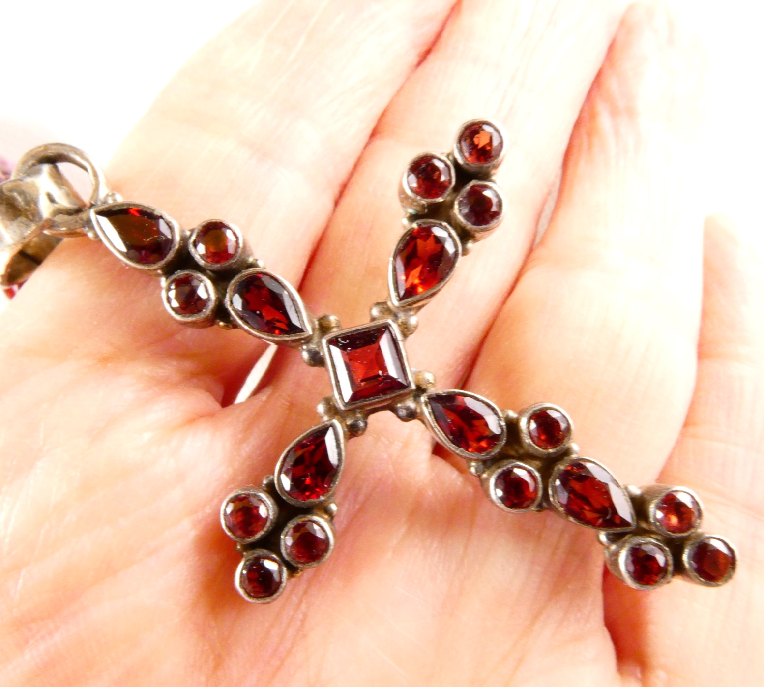 Sterling Silver Garnet Cross Pendant Necklace Red Glass Barrel Beads Crystals