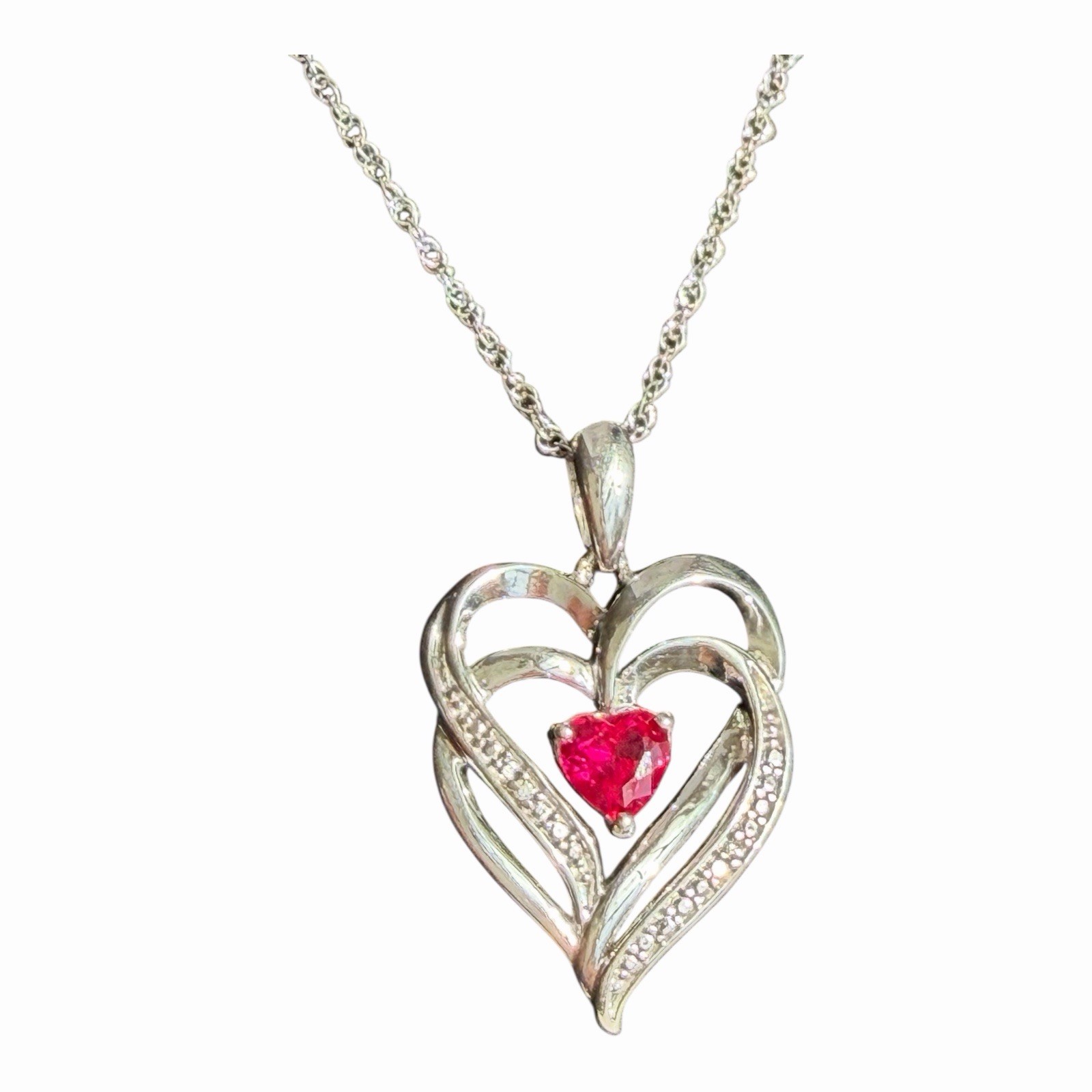 Diamond & Ruby Sterling Silver Heart Pink Stone Pendant Necklace Kay retail $200