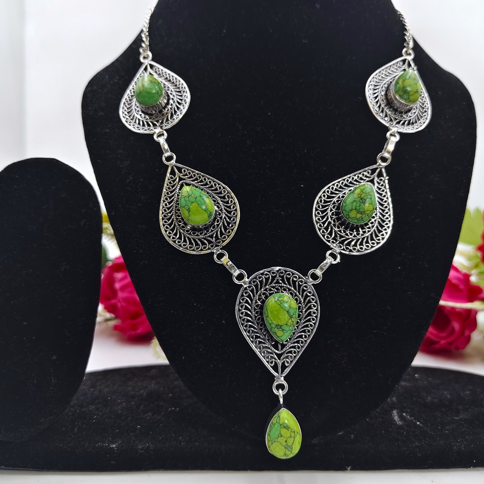 Green Turquoise Gemstone Handmade 925 Sterling Silver Jewelry Necklace Sz-17-18″