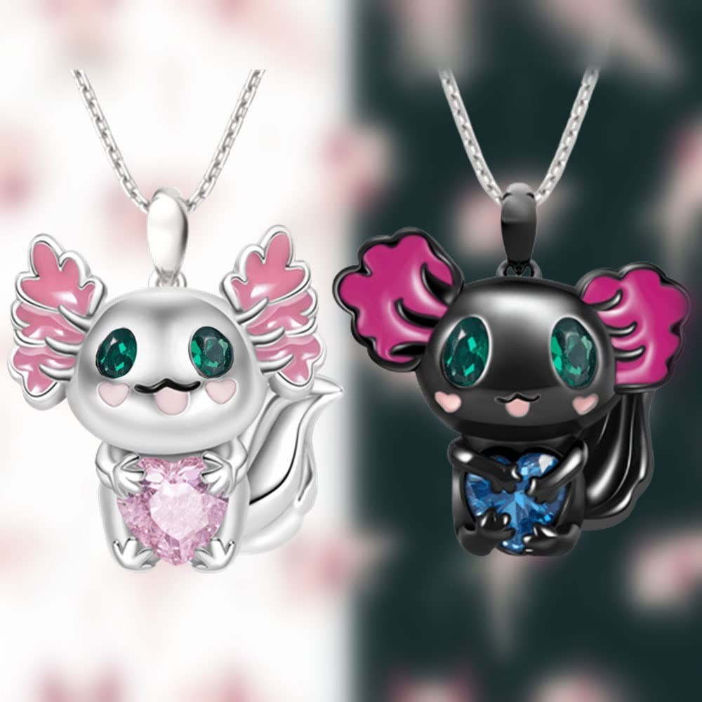 Lovely Axolotl Pendant Necklace, Cute Animals Salamander Heart Shaped Crystal Pe
