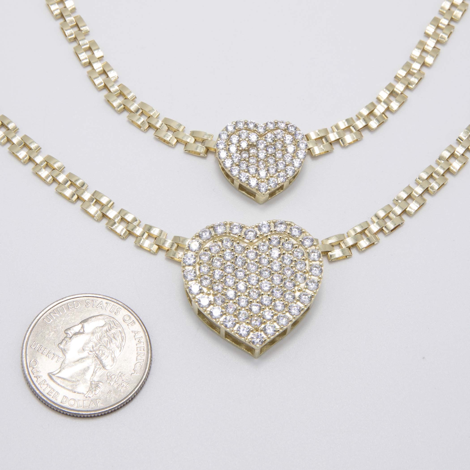 10K Yellow Gold Shiny Heart Rlx Railroad Chain Necklace All Sizes