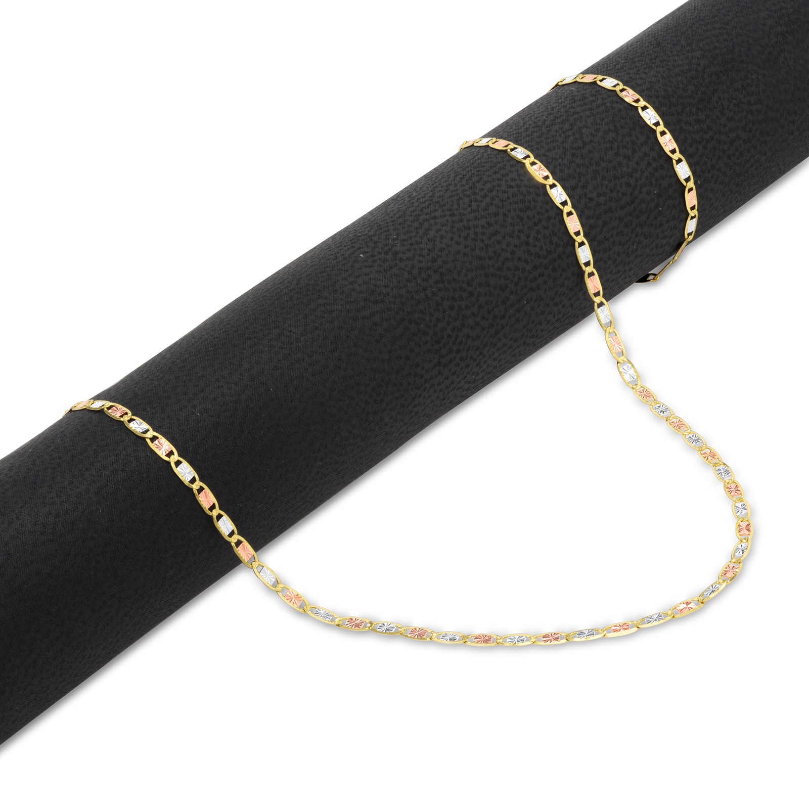 14K Solid Tri-color Yellow Rose White Gold 2mm Valentino Chain Necklace 16″- 24″