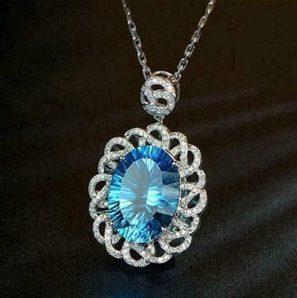 3.50Ct Oval Cut Blue Topaz Diamond Halo Pendant 14K White Gold Finish Free Chain