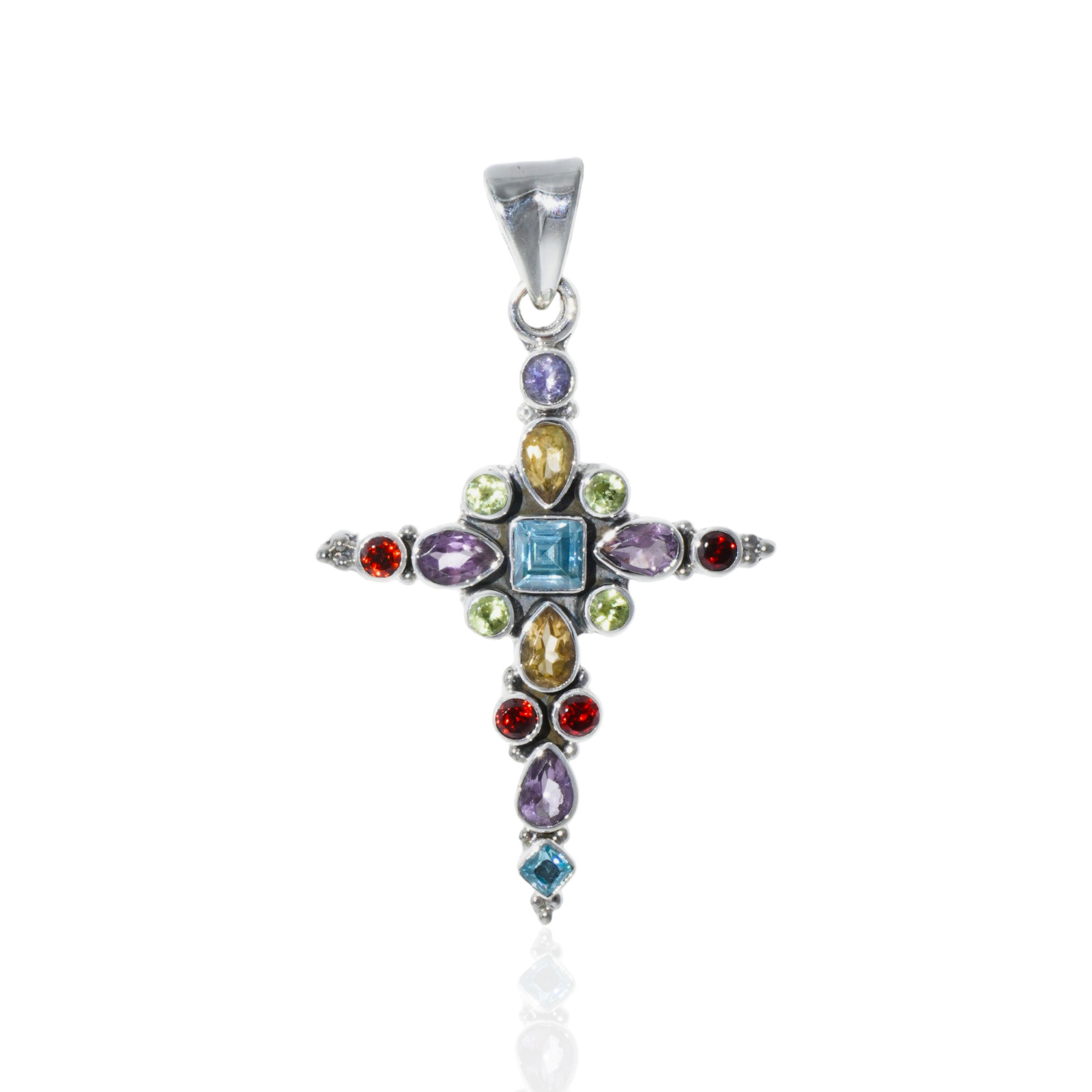 Genuine Multi Gemstone Cross Pendant Sterling Silver 925 Christian Jewelry Gift