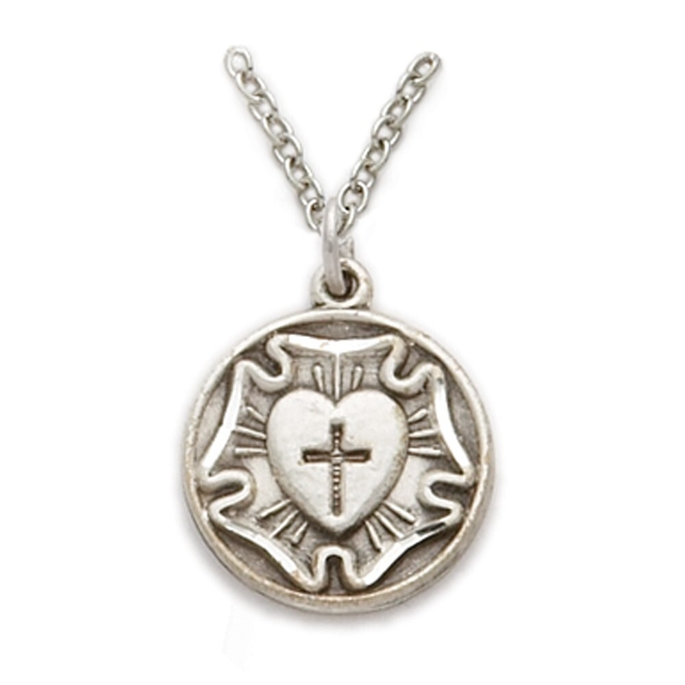 925 Sterling Silver Lutheran Rose Pendant Medal Christian Necklace