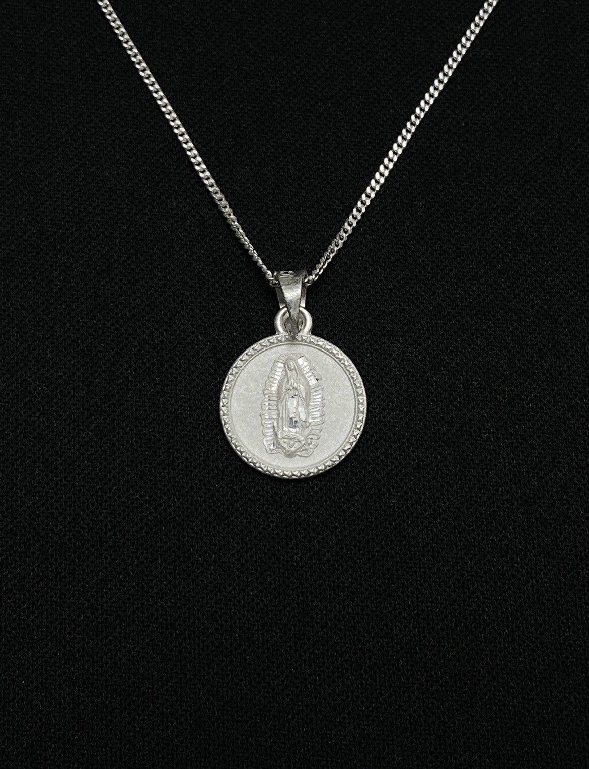 Sterling Silver Virgin Mary Pendant With 20” Silver Curb Chain