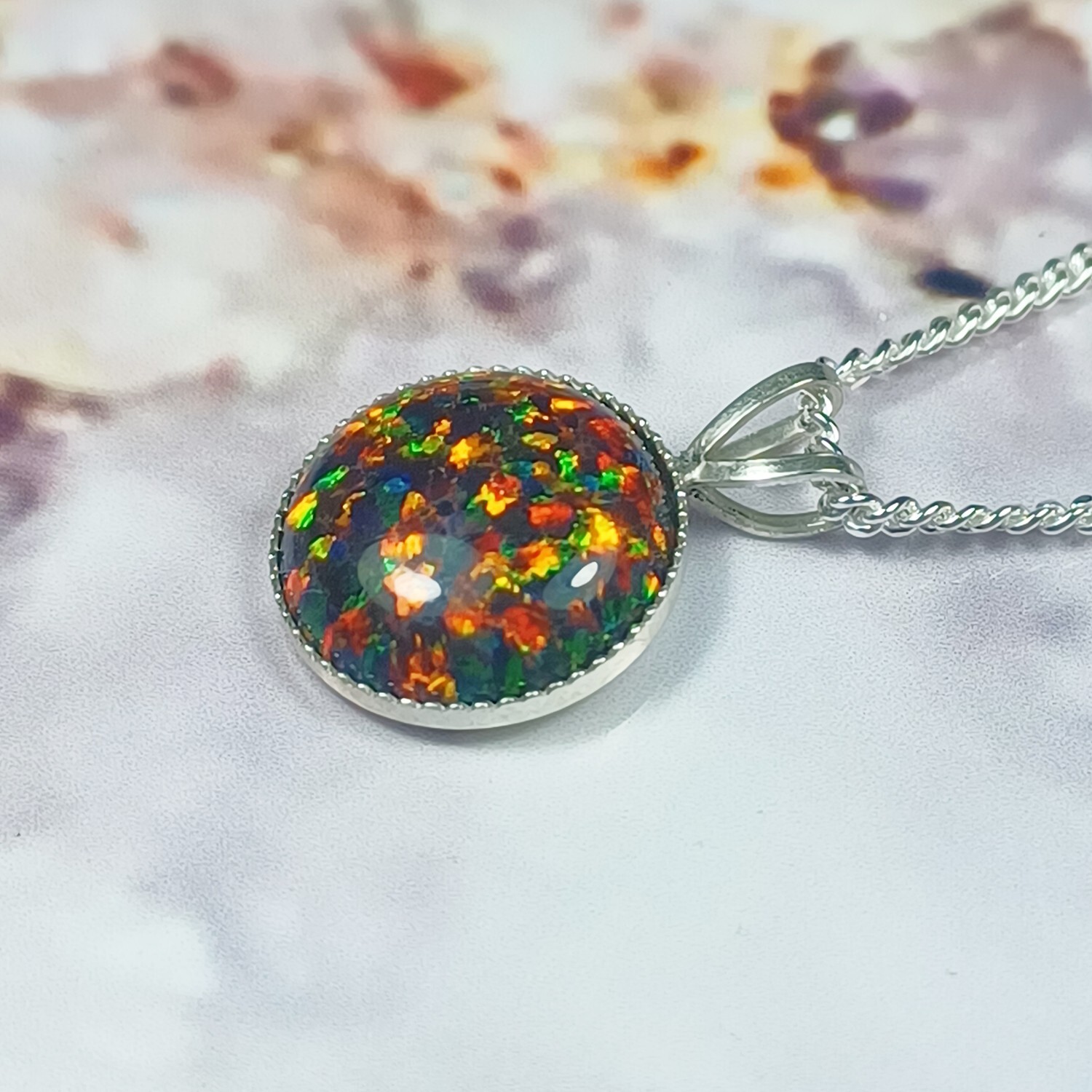 10mm ROUND LAB CREATED BLACK OPAL CABOCHON 925 STERLING SILVER PENDANT CHAIN