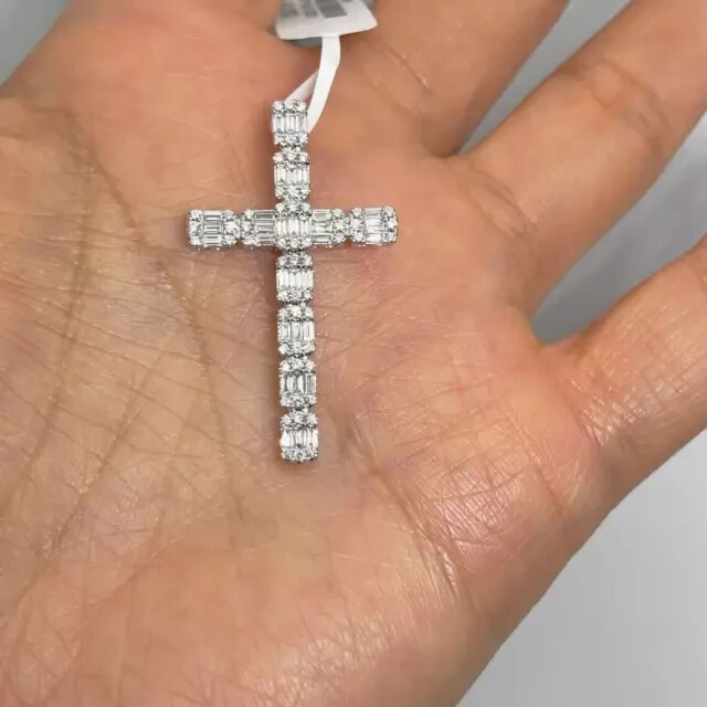 2Ct Baguette Simulated Diamond Men’s Cross Pendant 14K White Gold Plated Silver