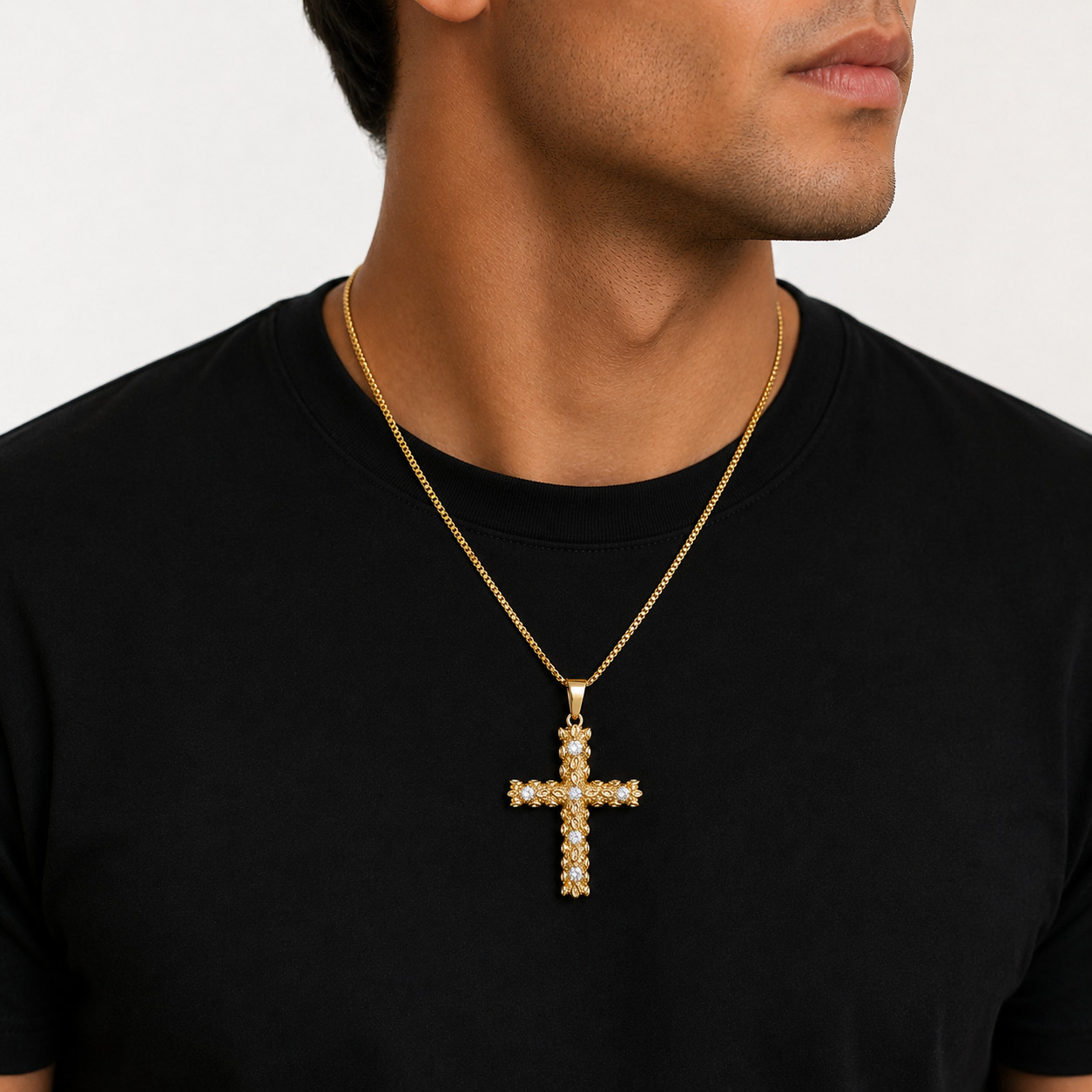 2″ Iced CZ Italian 1/200 14k Yellow Gold Oro Nugget Cross Nugget Pendant Cadena