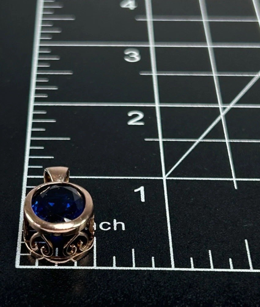 J&T 925 Sterling Silver Pendant Blue Glass Stone RoseGold Vermeil Heart Filigree