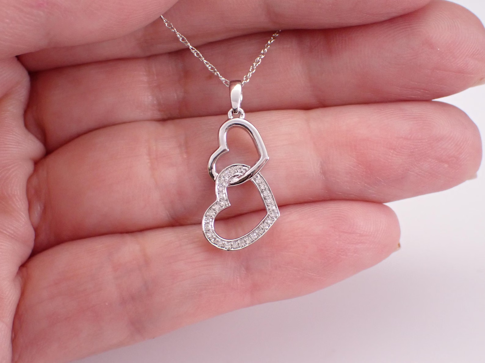 0.40 CT Round Moissanite Double Heart Pendant Necklace, 14K White Gold Plated