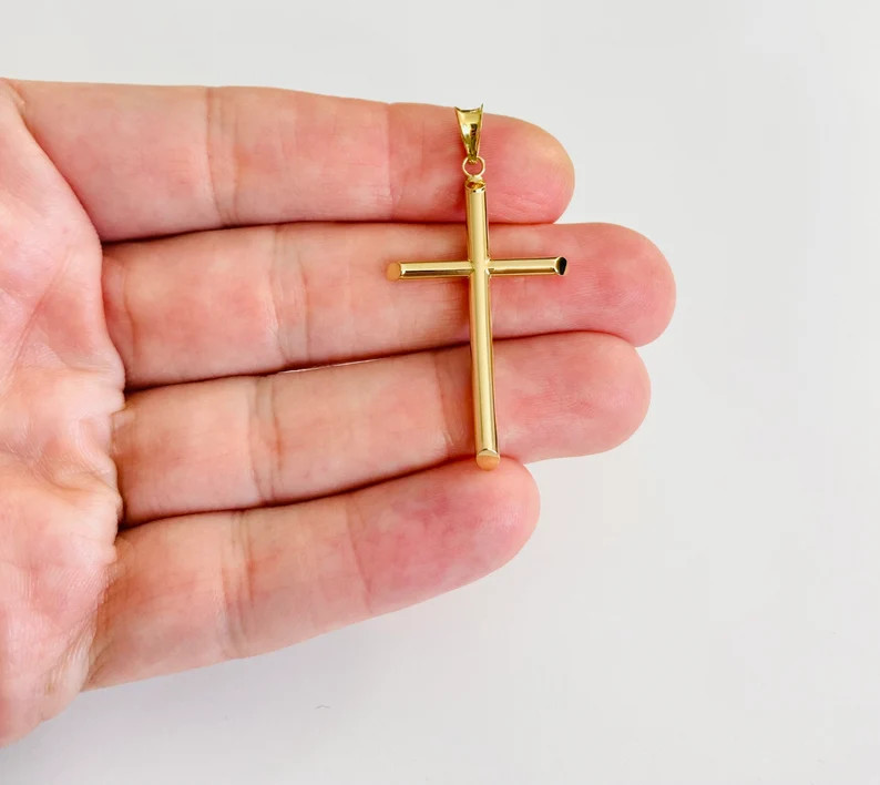 14K Real Gold Crucifix 45mm/1.7” Tube Cross Pendant, 14K Real Gold Cross- PT15