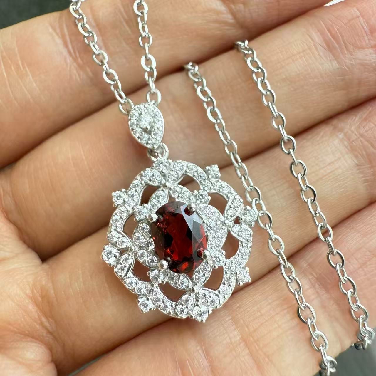 925 Sterling Silver Necklace 7x5mm Natural Garnet Gemstone Zircon Handmade Gift