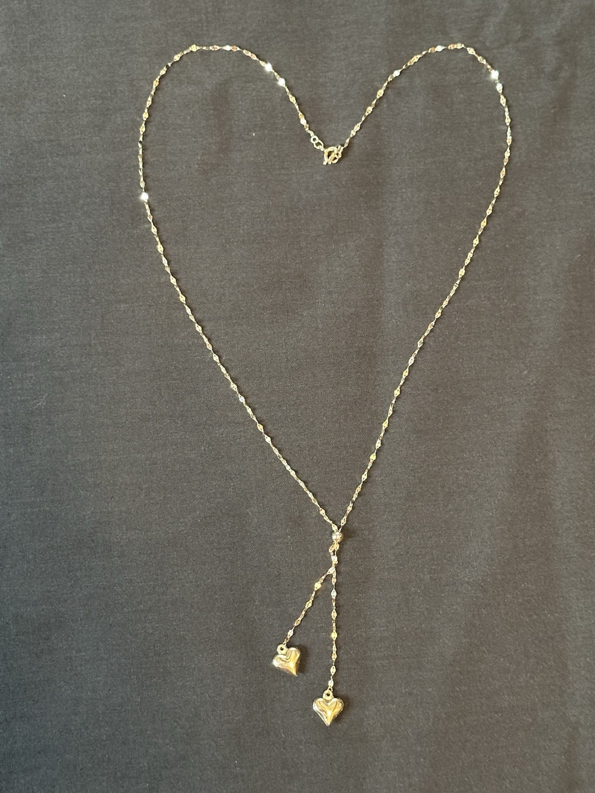 14K Yellow Gold Double Heart Lariat Necklace 18″ Y Dangling Hearts