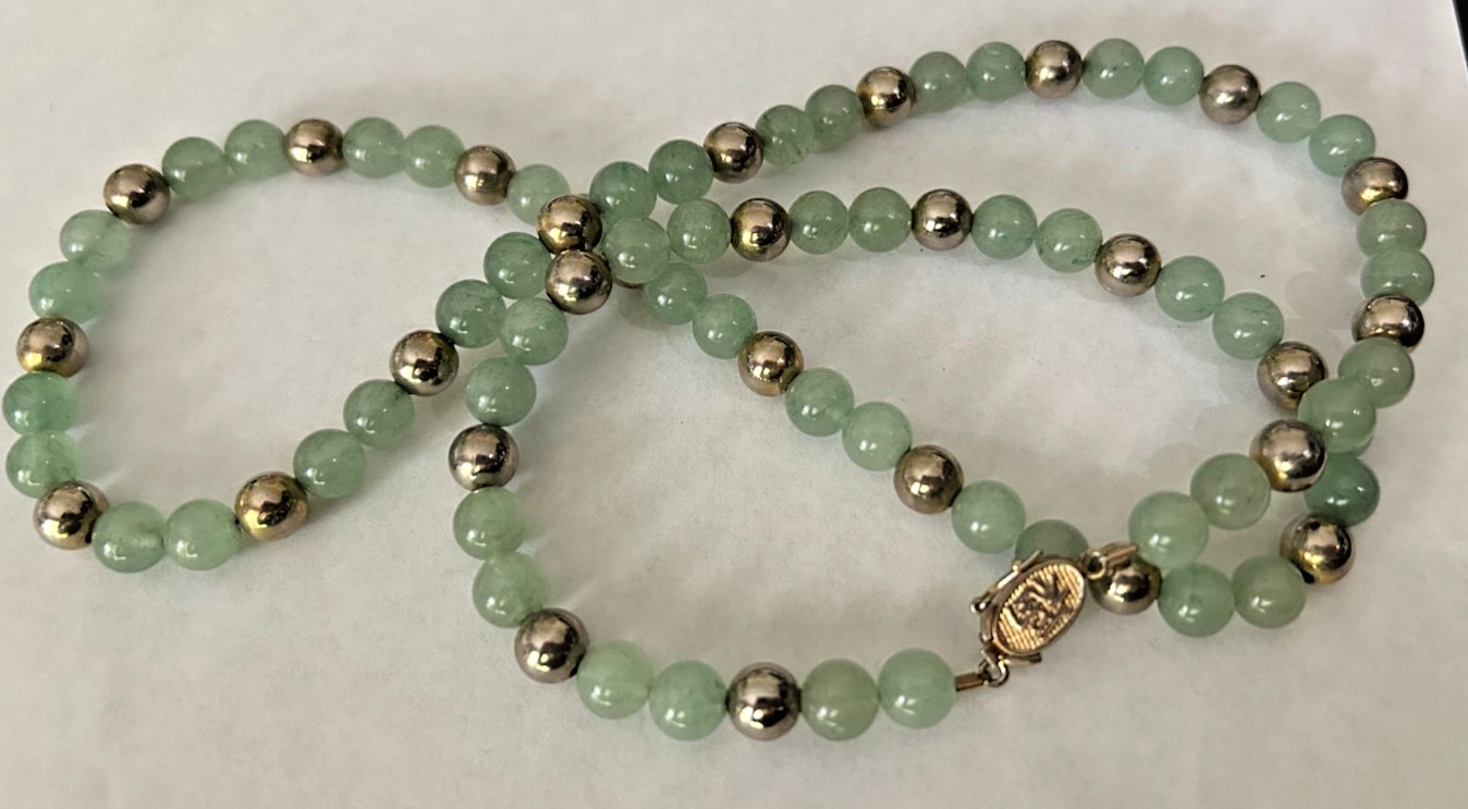 27 inch 7 MM Jade Bead Necklace with Gold Tone Spacers and Clasp