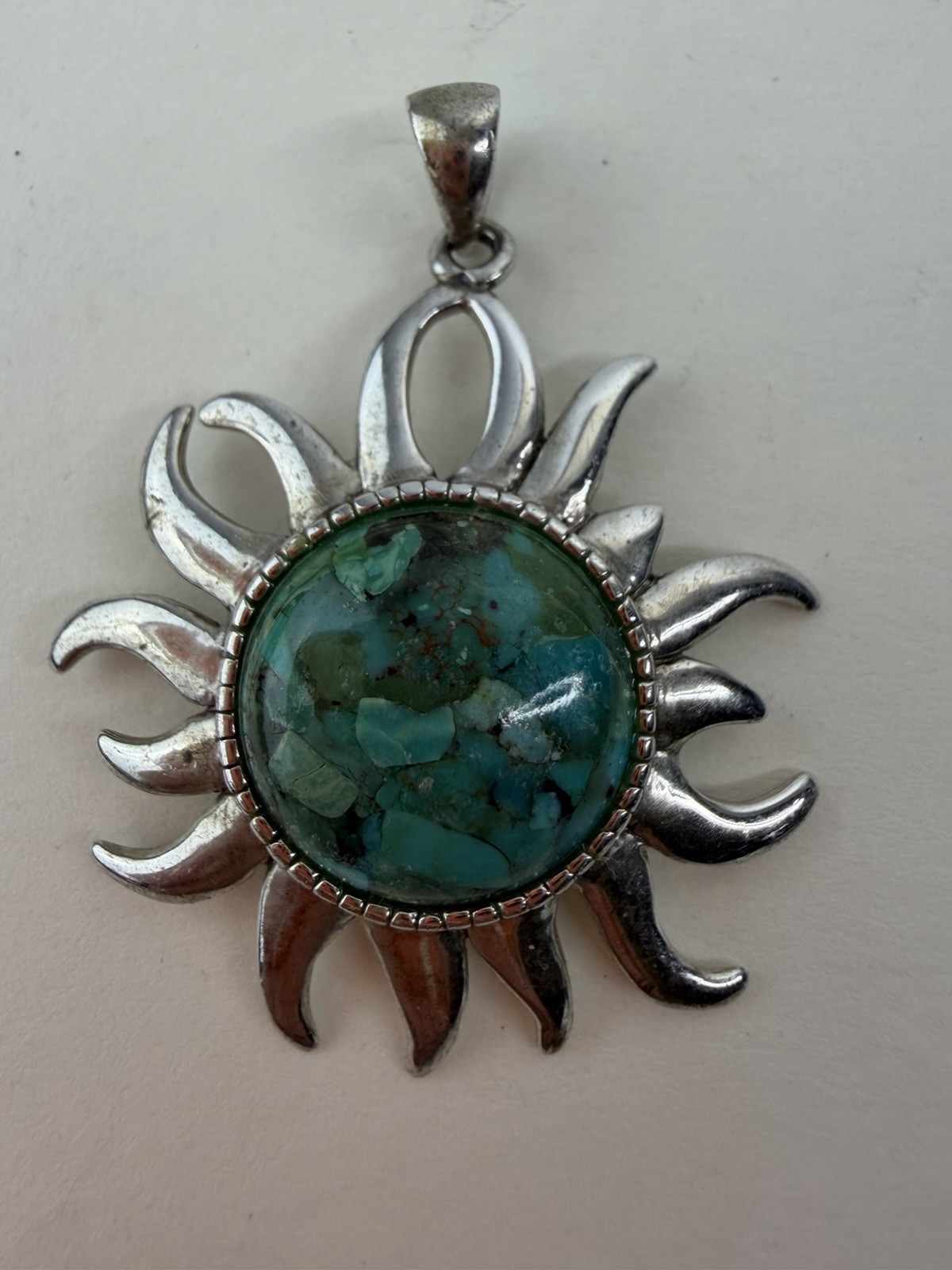 Sterling Silver Turquoise Sun Pendant ATI 925 Thailand Celestial Sunburst 1.5″