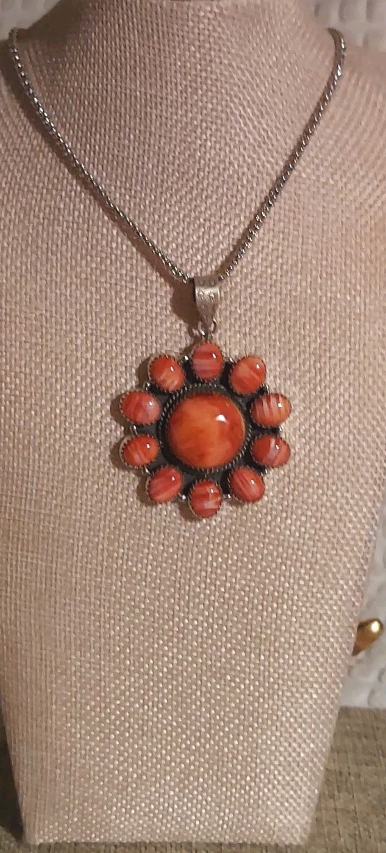 New HUGE Sterling Silver Natural Orange Spiny Cluster Pendant with Chain
