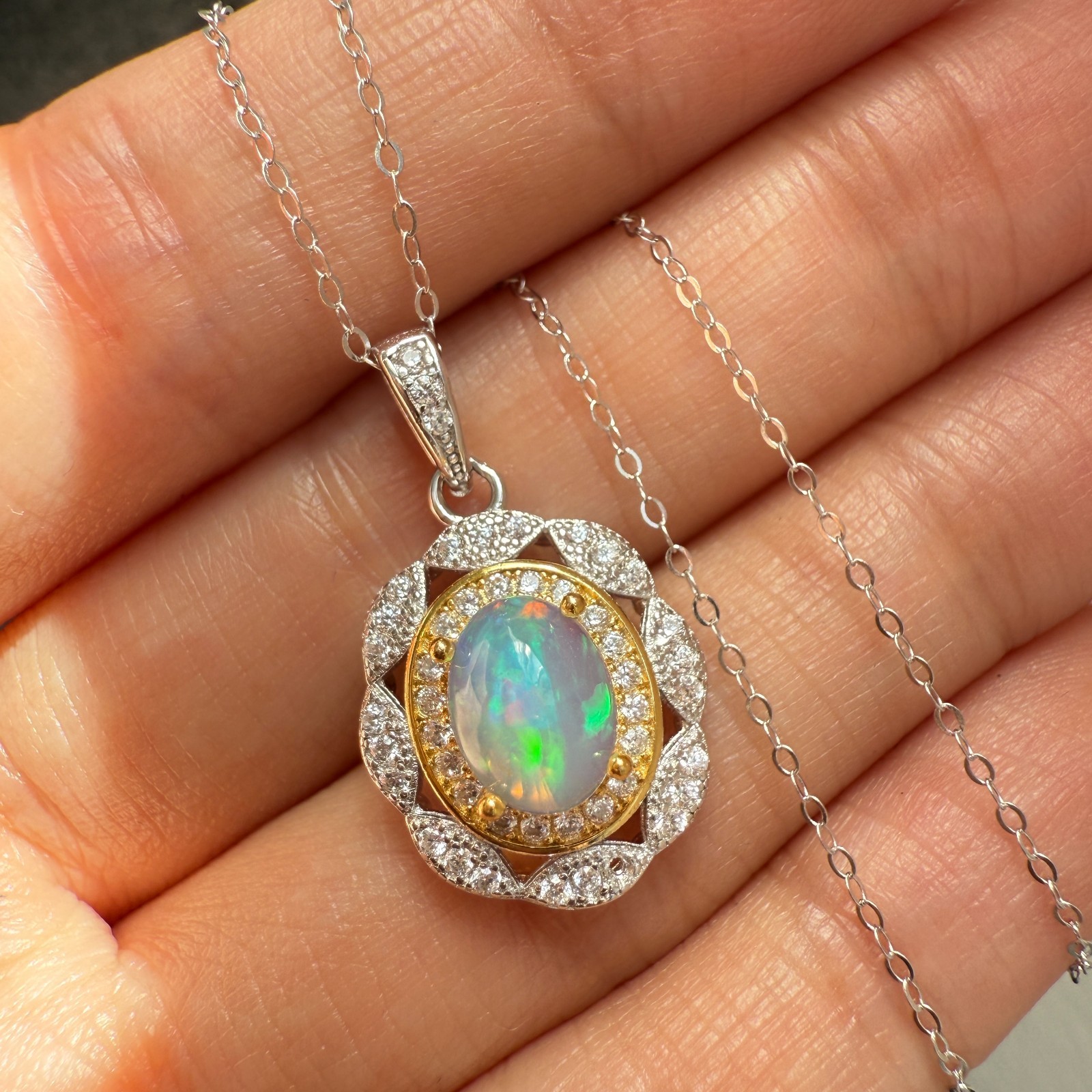 925 Sterling Silver Necklace 8x6mm Natural Opal Handmade Flower Birthstone