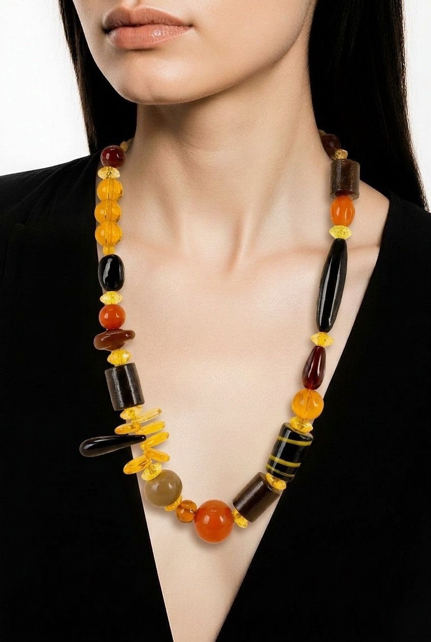 Boho Necklace Featuring Yellow-to-Brown Glass Beads in Various Shapes