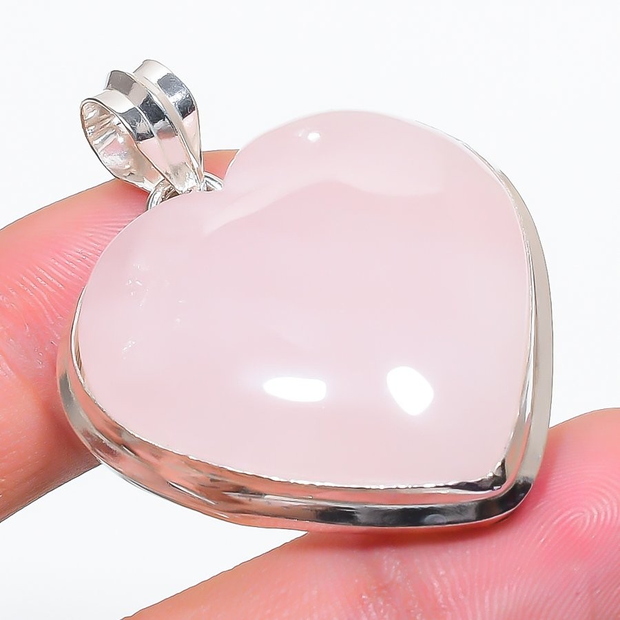 Natural Rose Quartz Gemstone 925 Sterling Silver Heart Jewelry Pendant 1.8″ h447