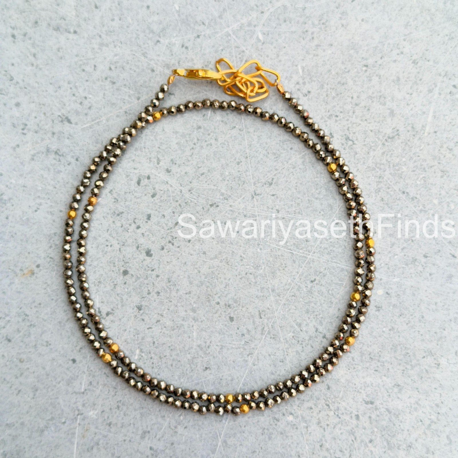 Faceted Pyrite Beaded Necklace, 2mm Rondelle Beads, Sterling Silver Clasp, Mini