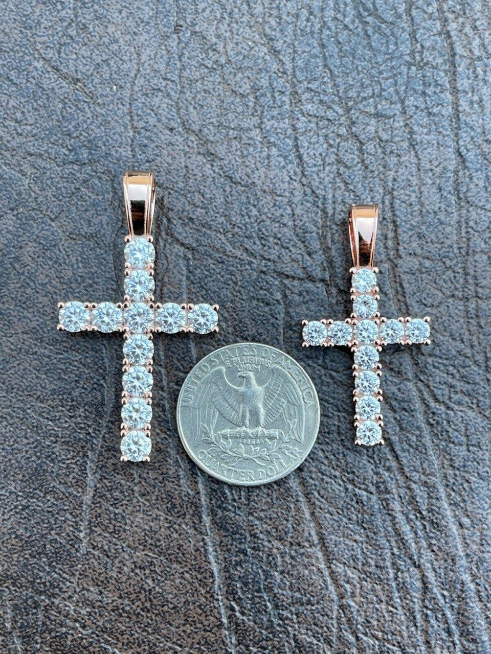 Tennis Cross Iced Pendant – Rose Gold Vermeil 925 Silver – 5 Sizes 0.75″-2.25″
