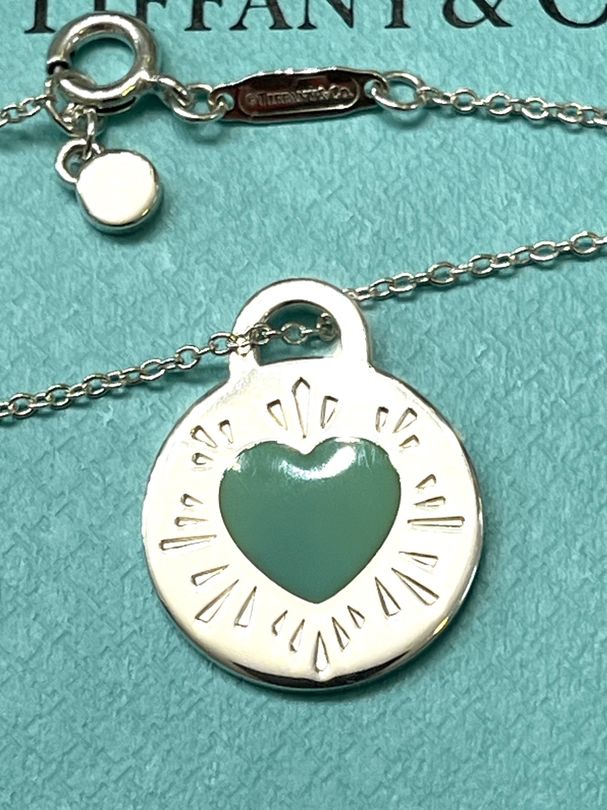 Tiffany & Co.RTT Blue Enamel Sunburst Heart Rd Adjustable 16-18”Pendant SS925