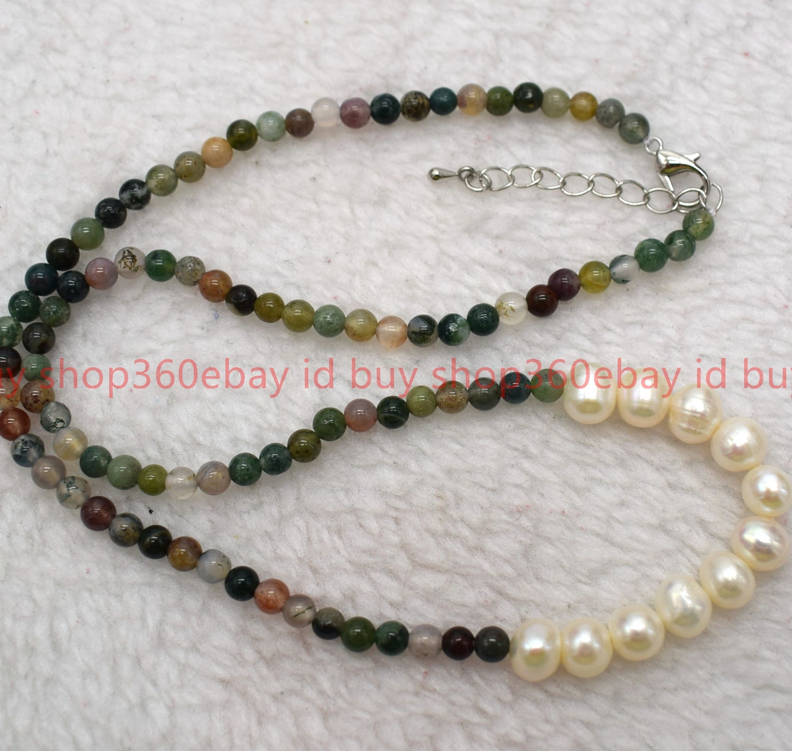 Natural 4mm Multicolor Indian Agate Round Gems Bead White Pearl Necklace 16-28in