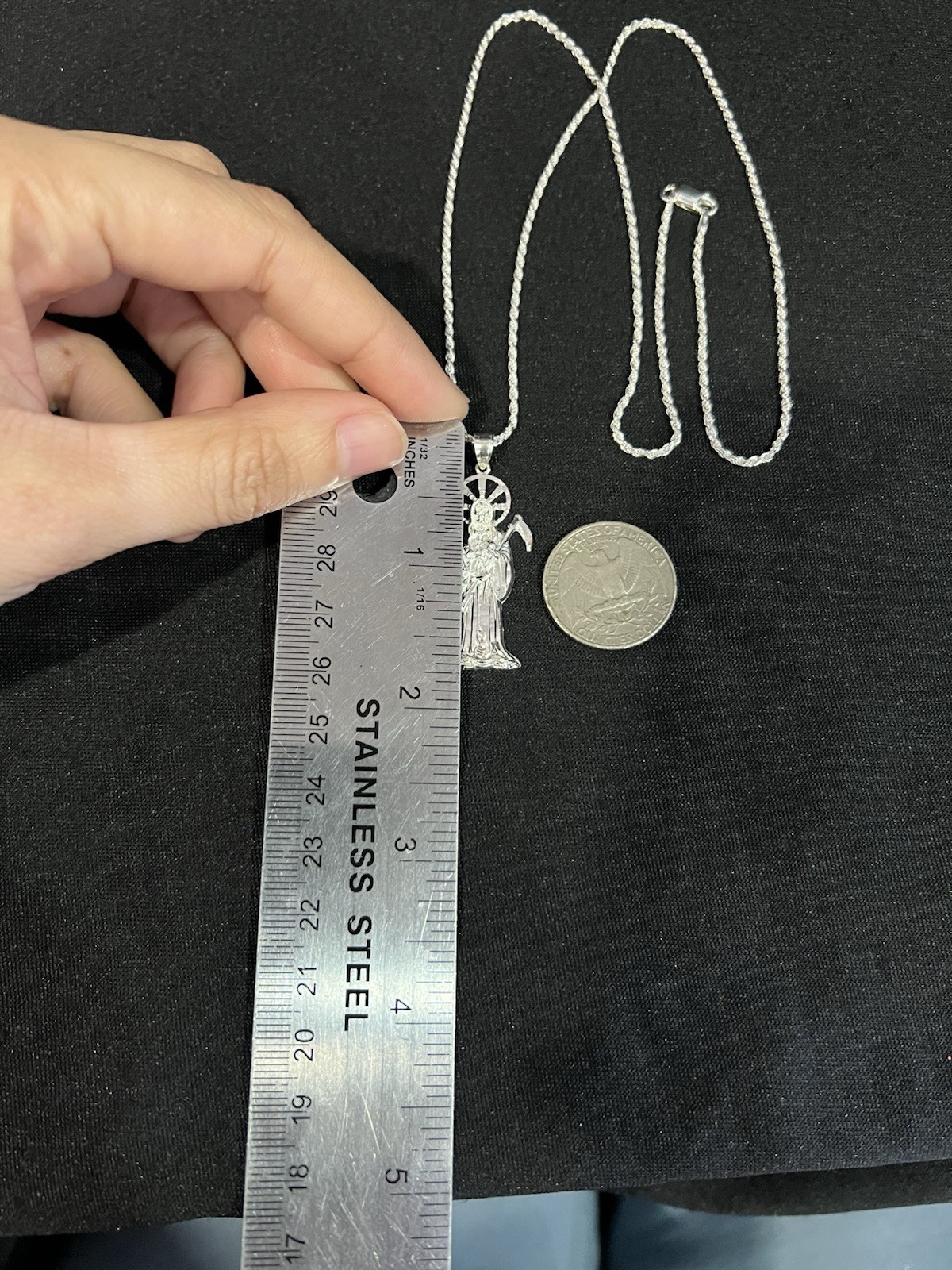 925 Sterling Silver Women Men Small Santa Muerte Grim Reaper & Rope Chain 18 24
