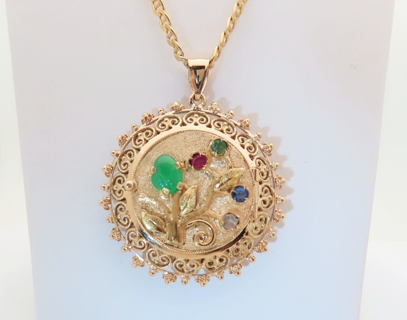 18K Antique Filigree Necklace Pill Box Stash Reversible Locket Gemstone 23″ N437