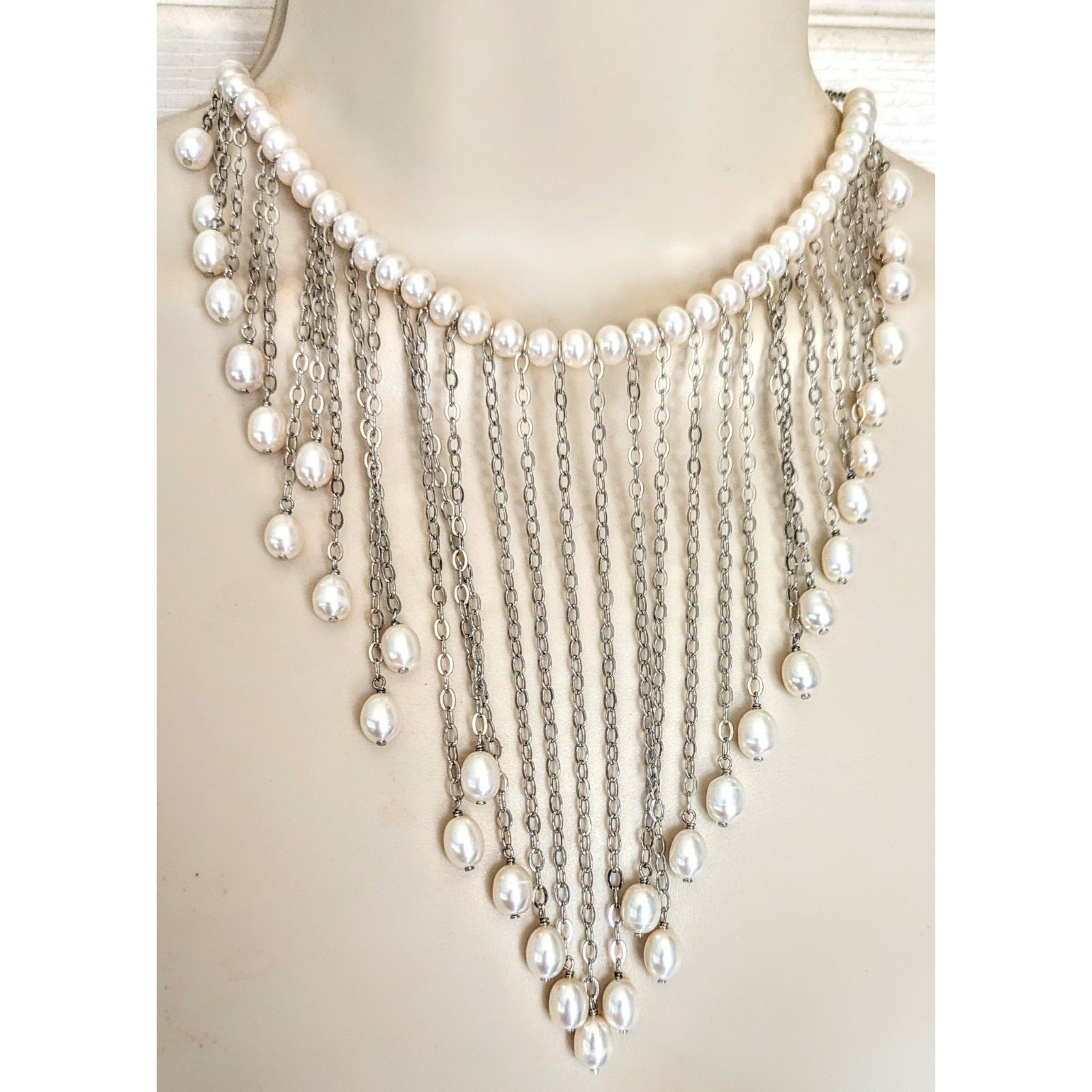 Sterling Silver White Cultured Pearl Fringe Bib Dangle 925 Gemstone Necklace