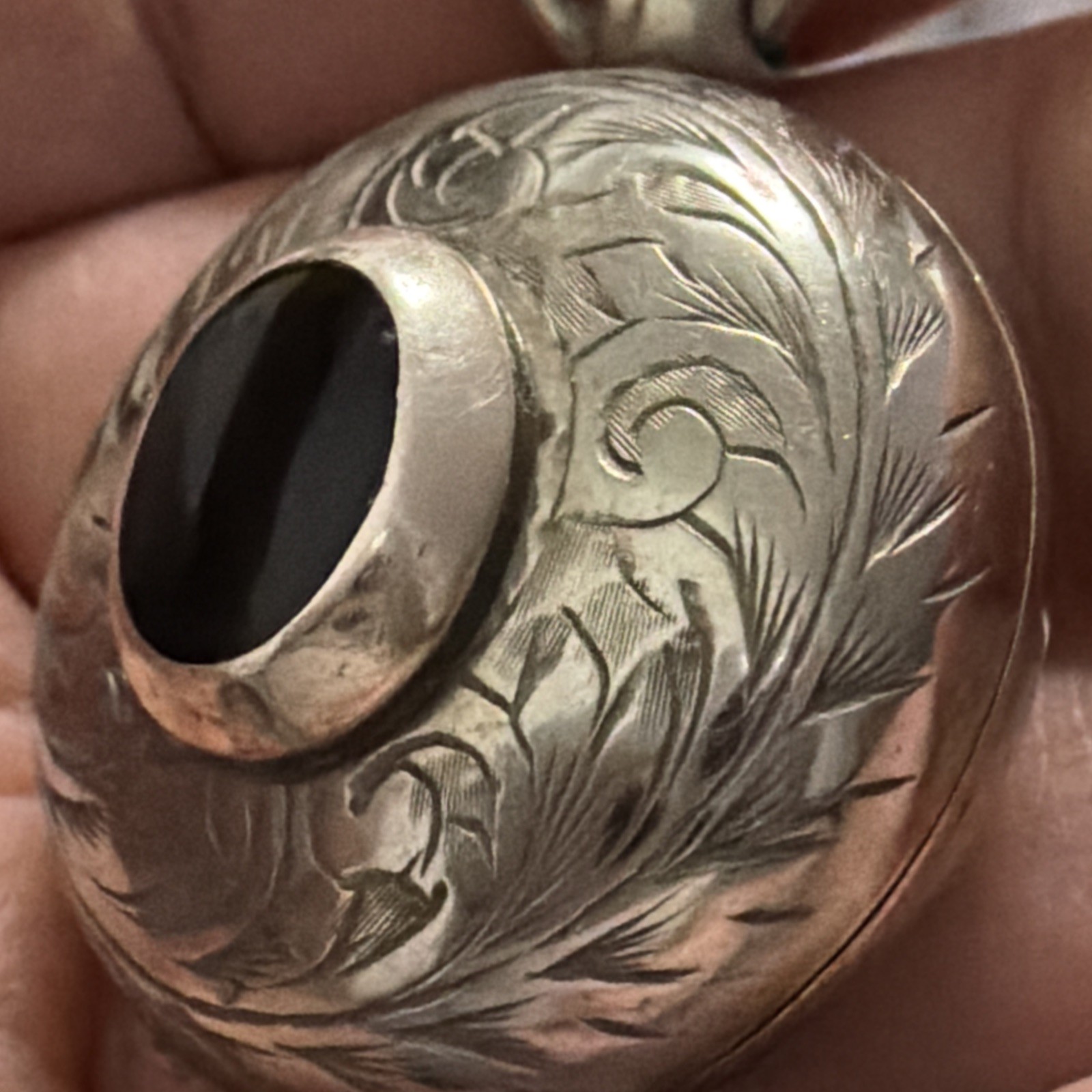 Vintage Albo Silver Locket/pendant With Black Oynx Stone And Engraved Detailing