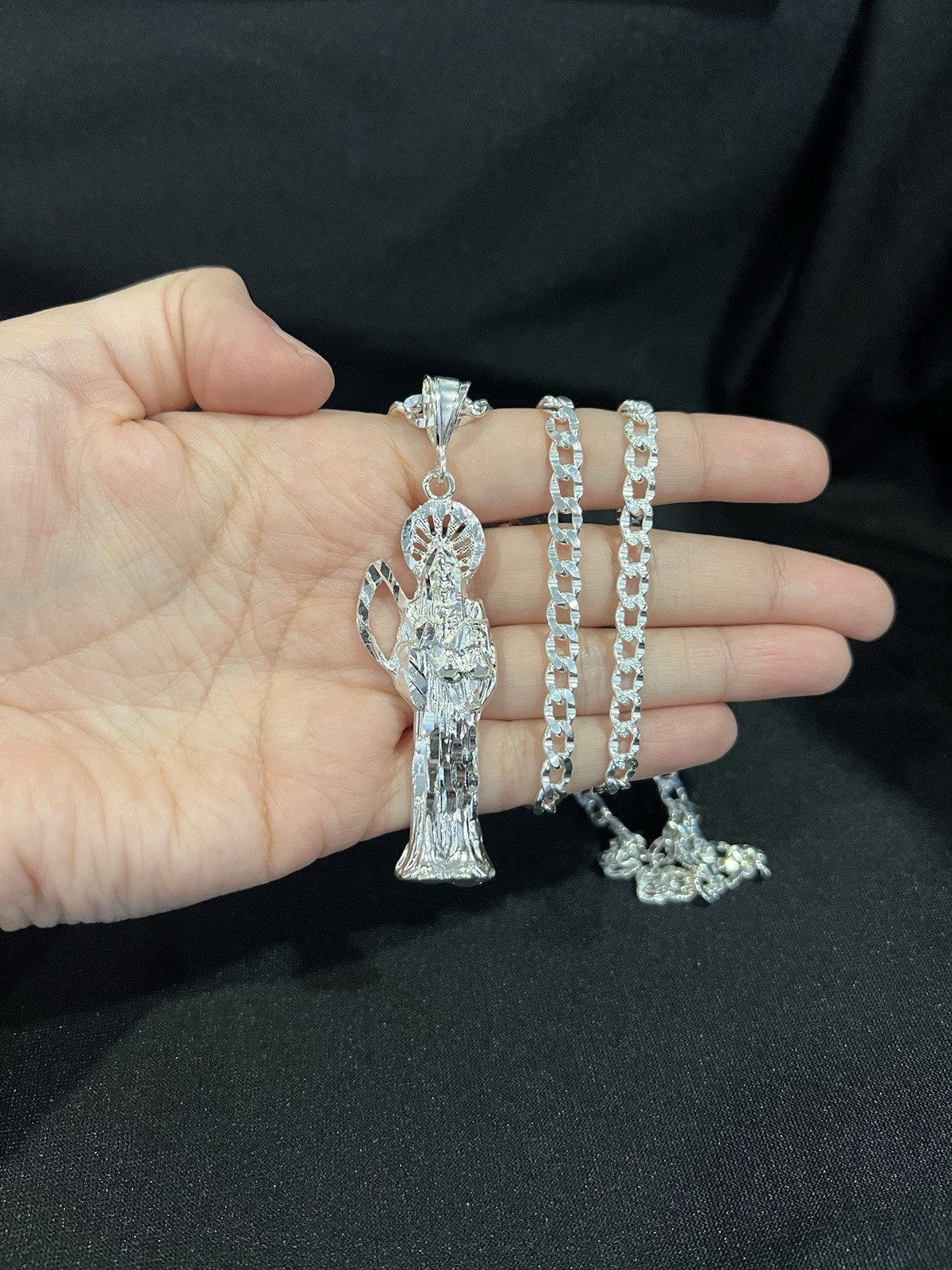 925 Sterling Silver Men Women Santa Muerte Grim Reaper Deck Curb Chain 20 26 30