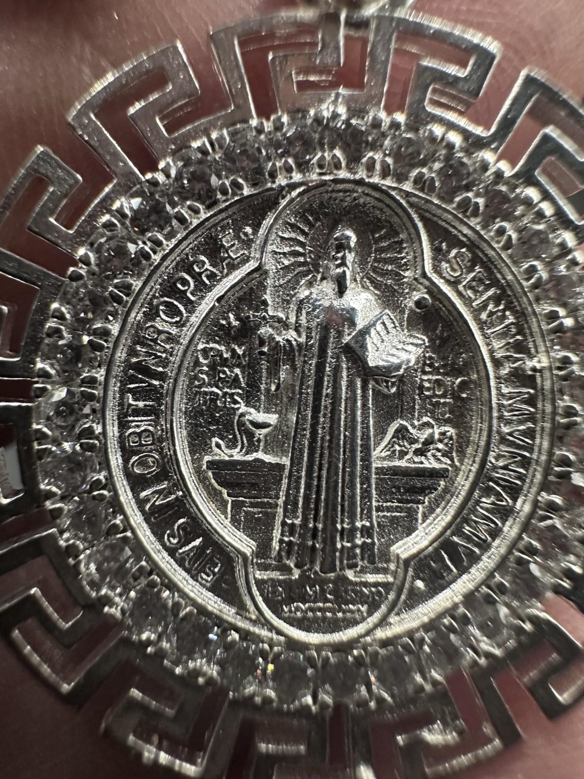 Sterling Silver Saint Benedict Medallion Necklace W/greek Key & Natural Diamonds