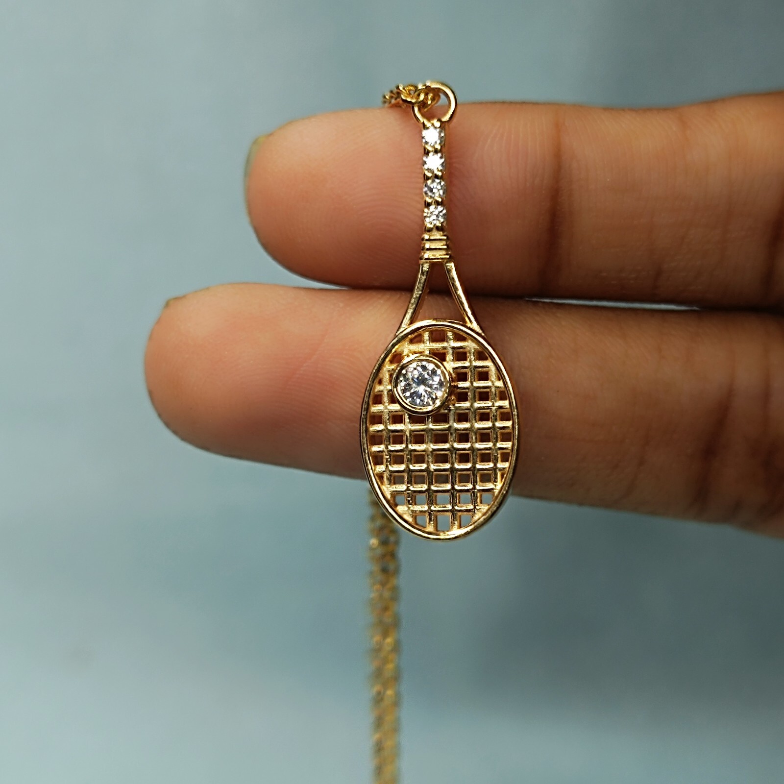 1.22Ct Round Cut Real Moissanite Tennis Racket Pendant 925 Sterling Silver