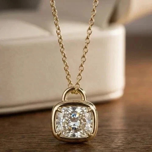 2Ct Cushion Cut Real Moissanite Solitaire Women’s Pendant 14K Yellow Gold Plated