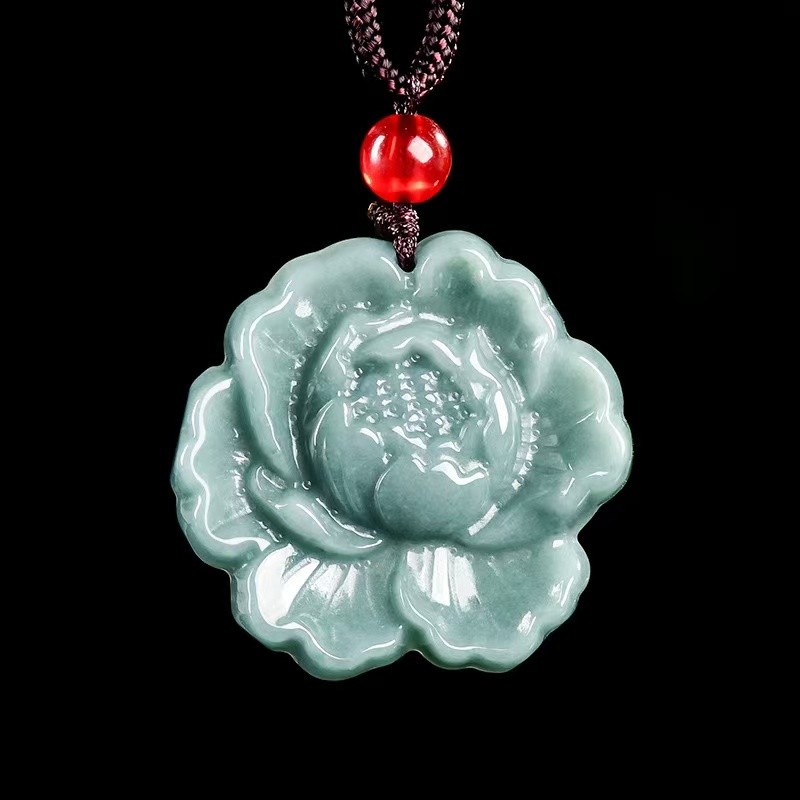 Green Natural A Jade jadeite Carved Peony Flower Luck Pendant Necklace Certified