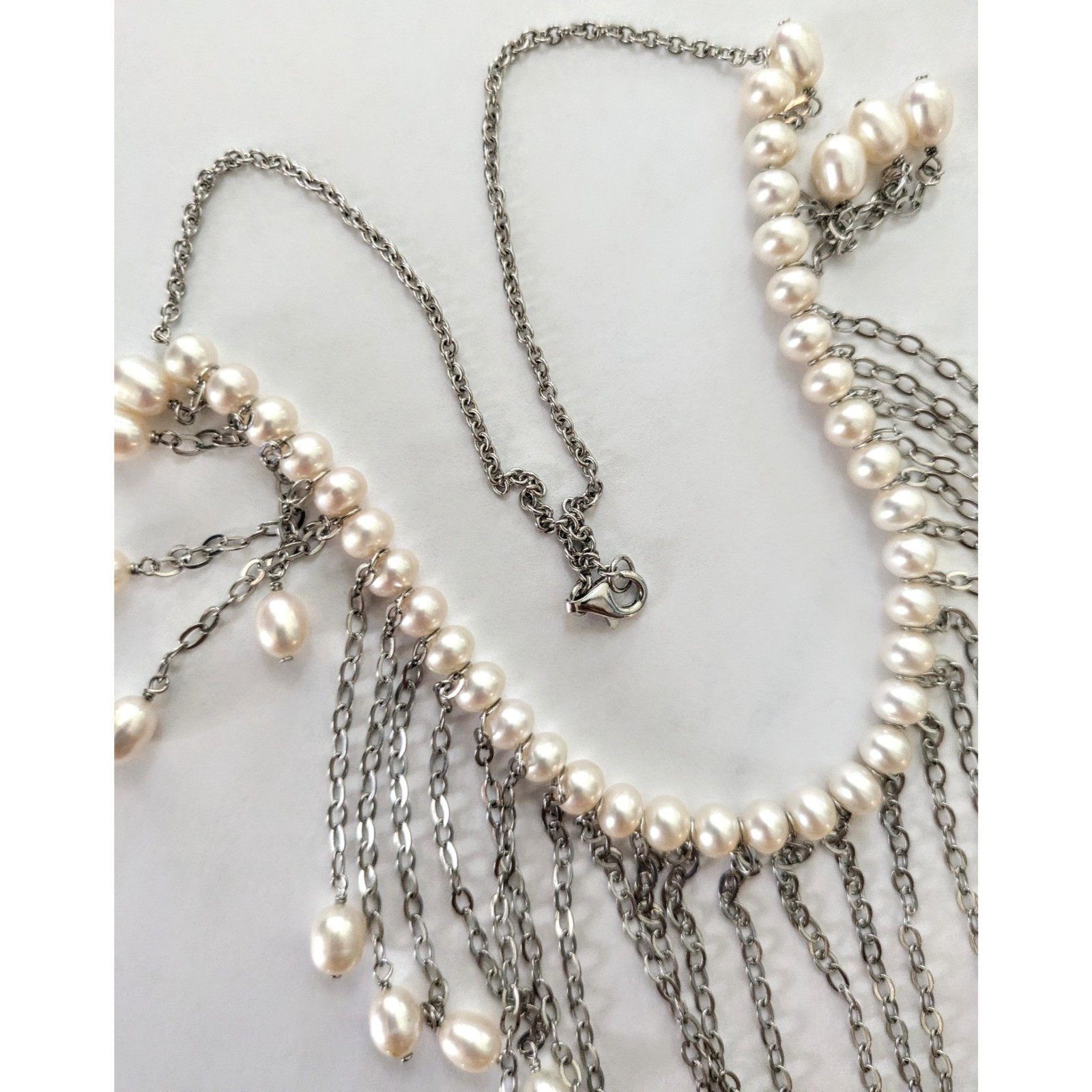 Sterling Silver White Cultured Pearl Fringe Bib Dangle 925 Gemstone Necklace
