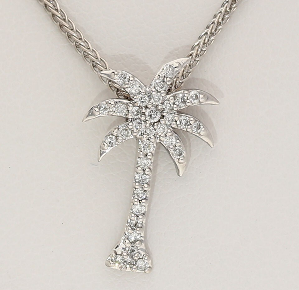 Natural Diamond Tiny Palm Tree Pendant Necklace .18CT 14K White Gold 16” Chain