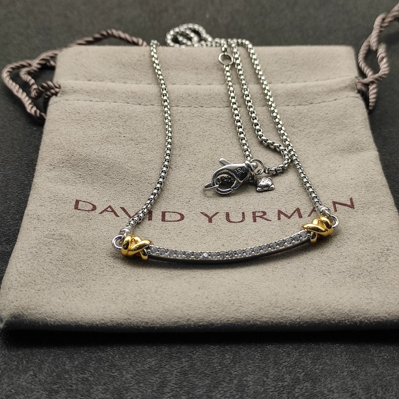 David Yurman Two Tone Crossover Bar Pendant 925 Silver 18K Gold Pave Diamond 55