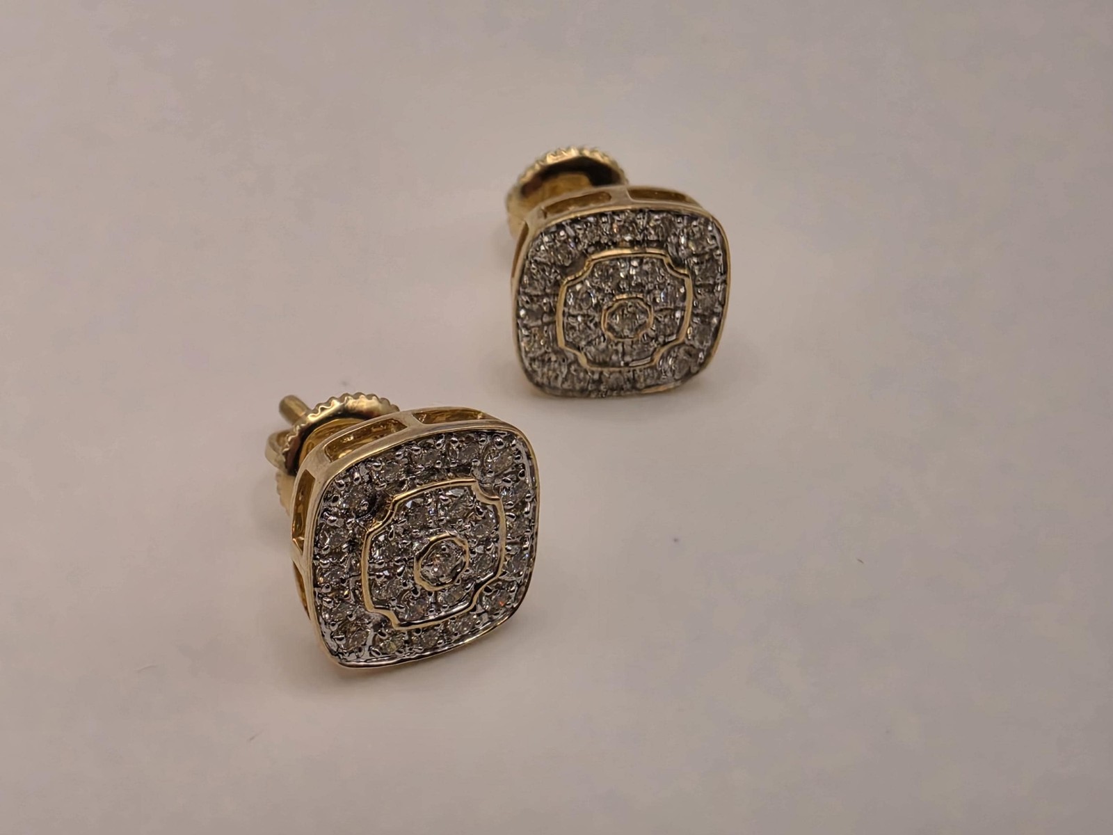10K Yellow Gold Diamond Cluster Stud Earrings Pave Natural Diamond Square Cushio