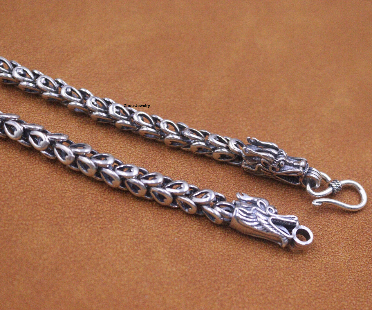 Pure Sterling Silver 925 Chain Dragon Head 6mm Feather Link Necklace 57g 23.6in