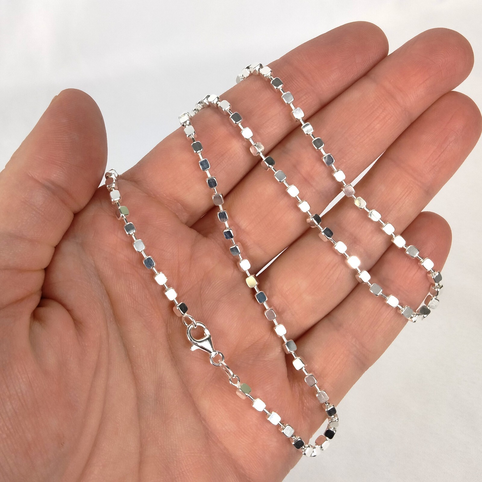 Sterling Silver Cube Chain – 2.3mm 18″ with Lobster Clasp