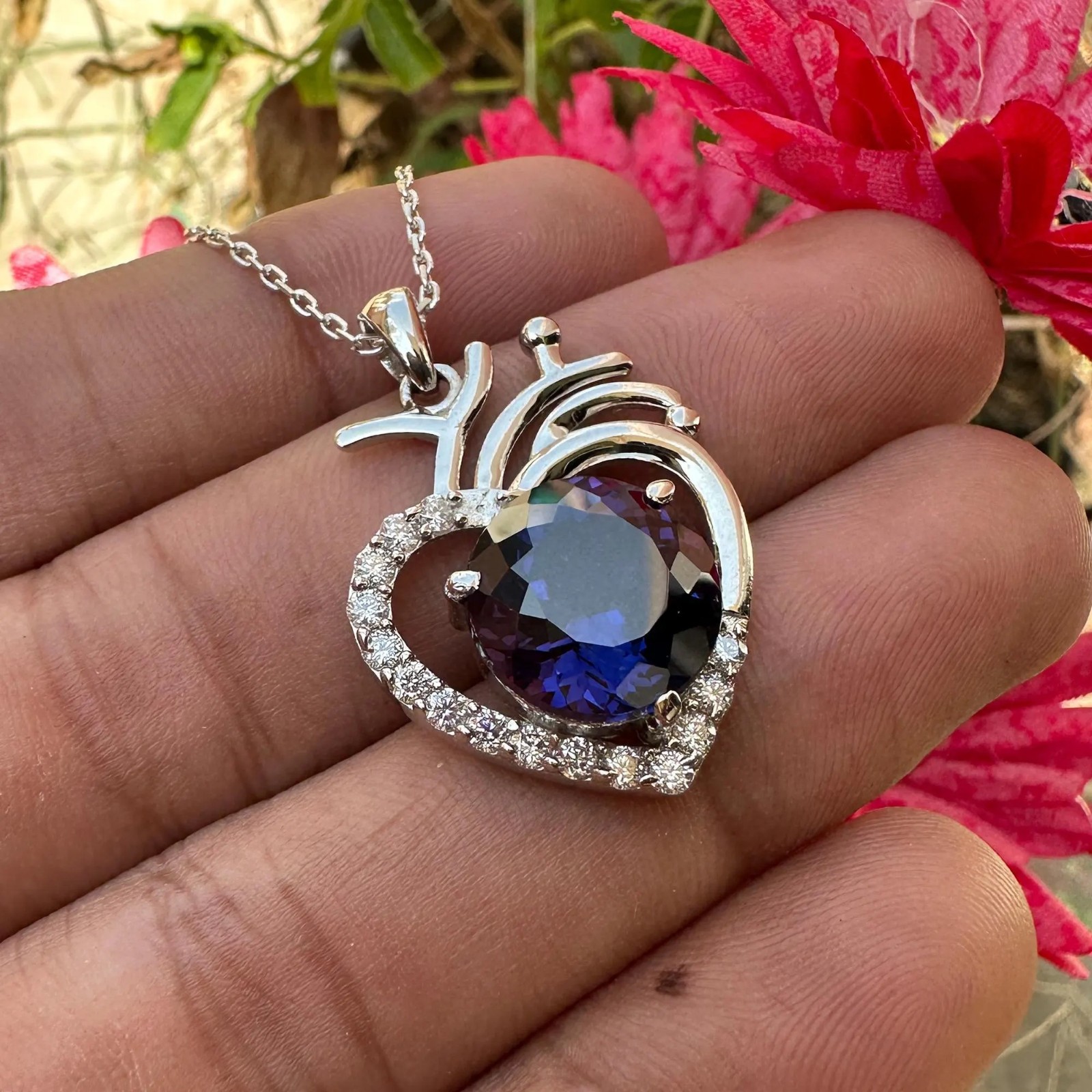 Certified Purple Sapphire 29 Ct Heart Pendant Necklace 925 Sterling Silver