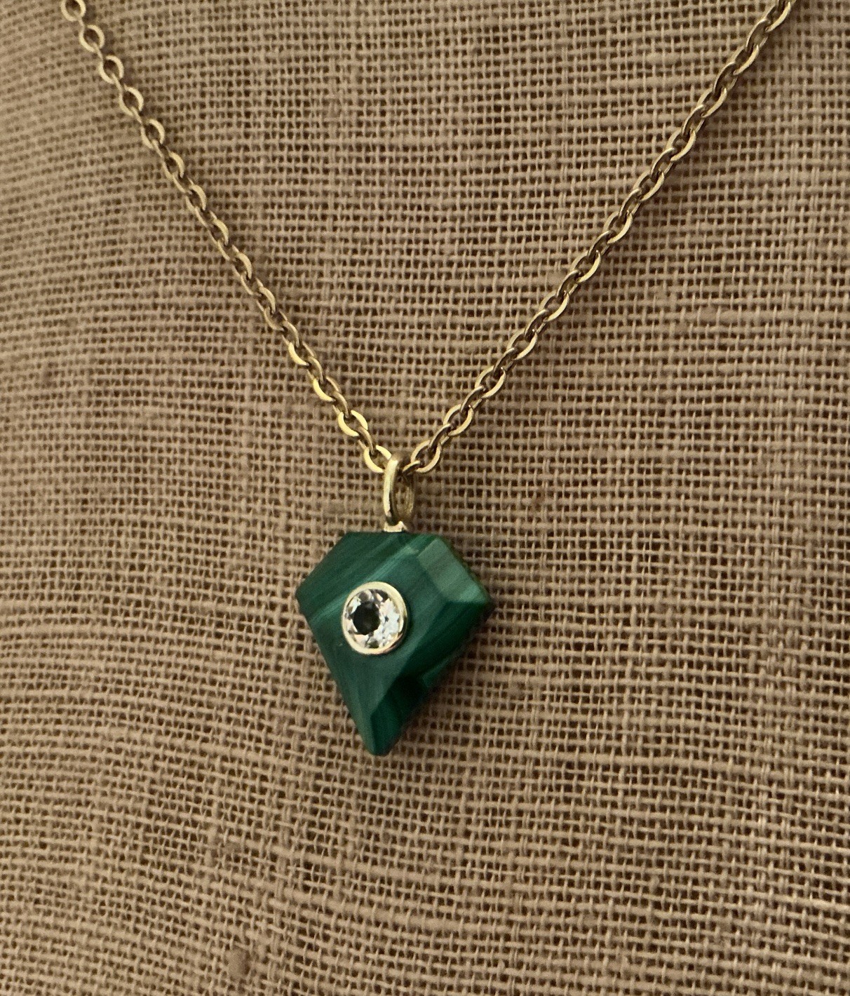 NEW Artisan Handmade GP Sterling Shield Malachite Bezel Topaz Stainless Necklace