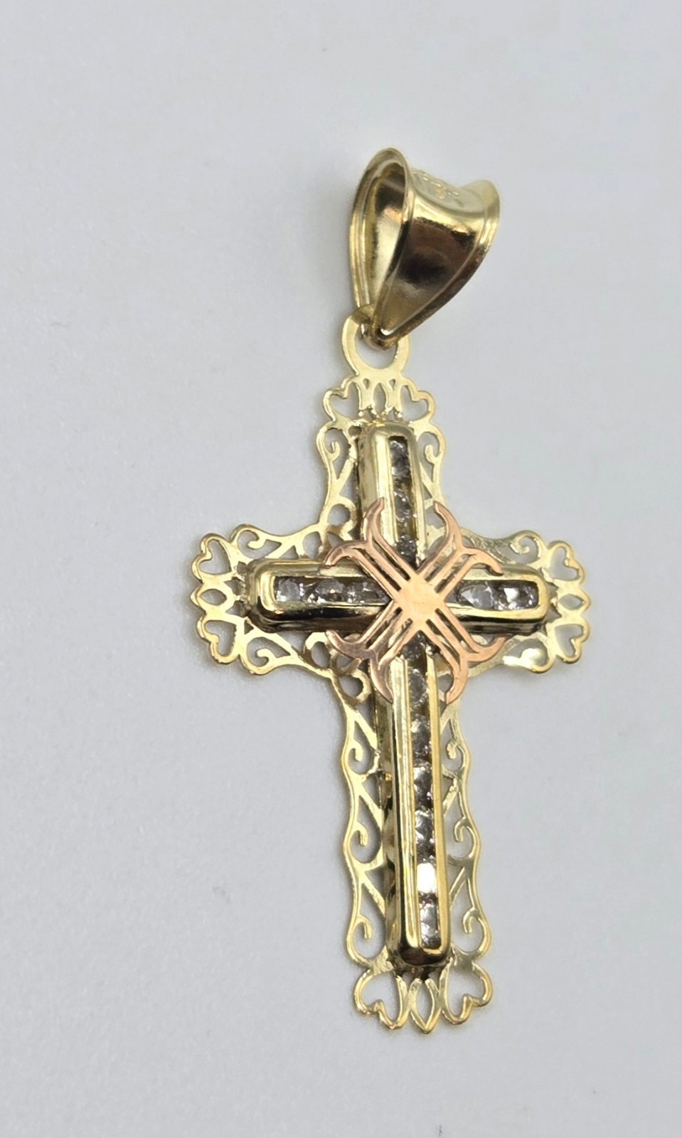 NEW Real 10K Yellow Gold 1in Cross Pendant, Pave CZ Stones, 3.5mm Bail