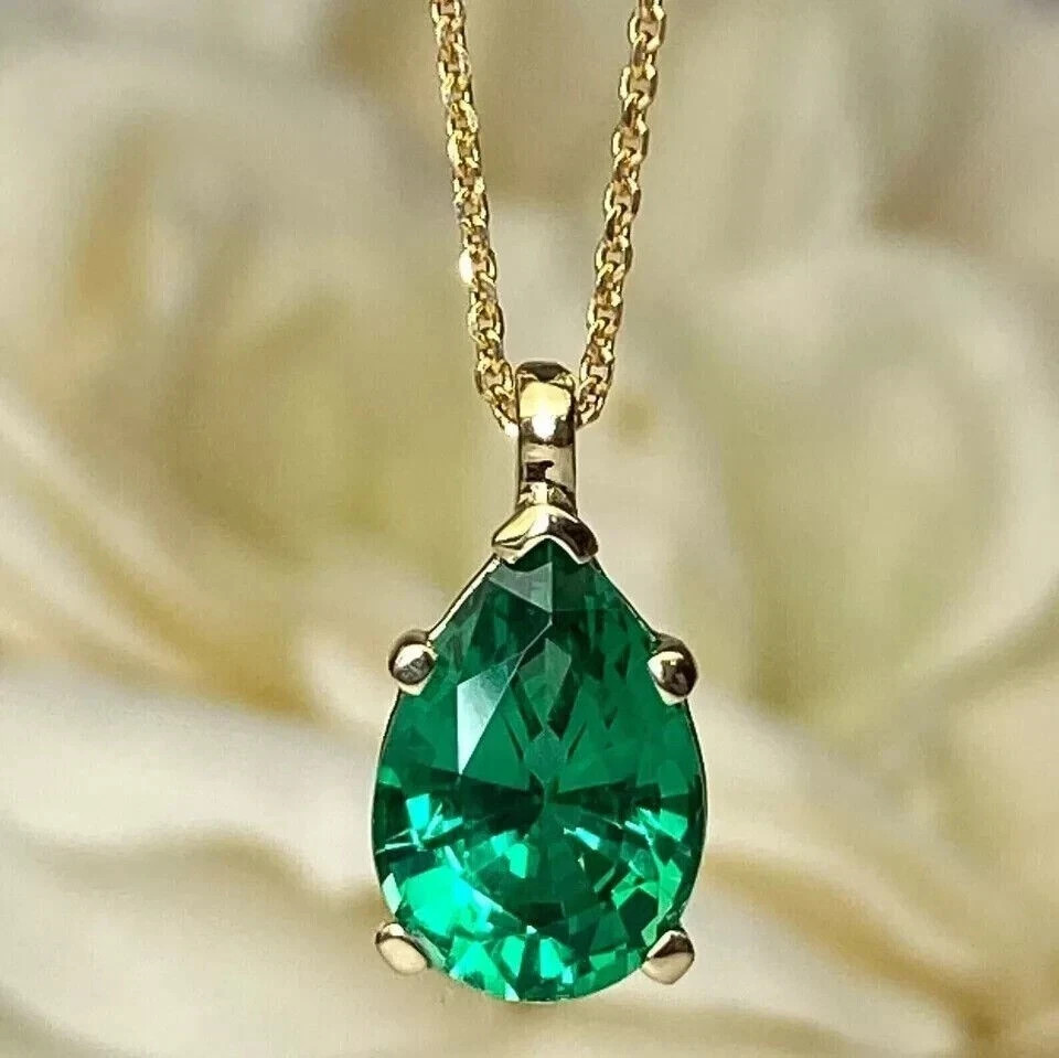 Pear Cut Lab-Created Emerald 3.00 Ct Women’s Pendent 14k Yellow Gold Plated