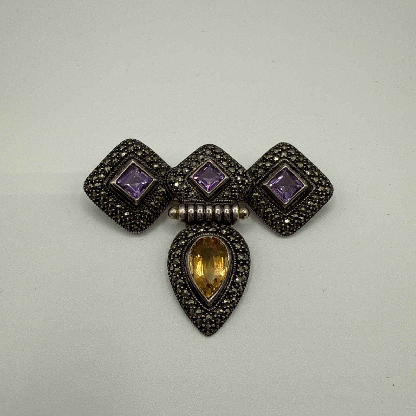 JUDITH JACK 925 Sterling Silver Vintage Amethyst Citrine Marcasite Gem Pendant