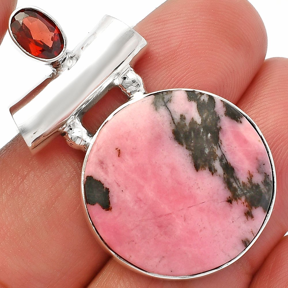 Natural Rhodonite & Garnet 925 Sterling Silver Pendant Jewelry P-1279