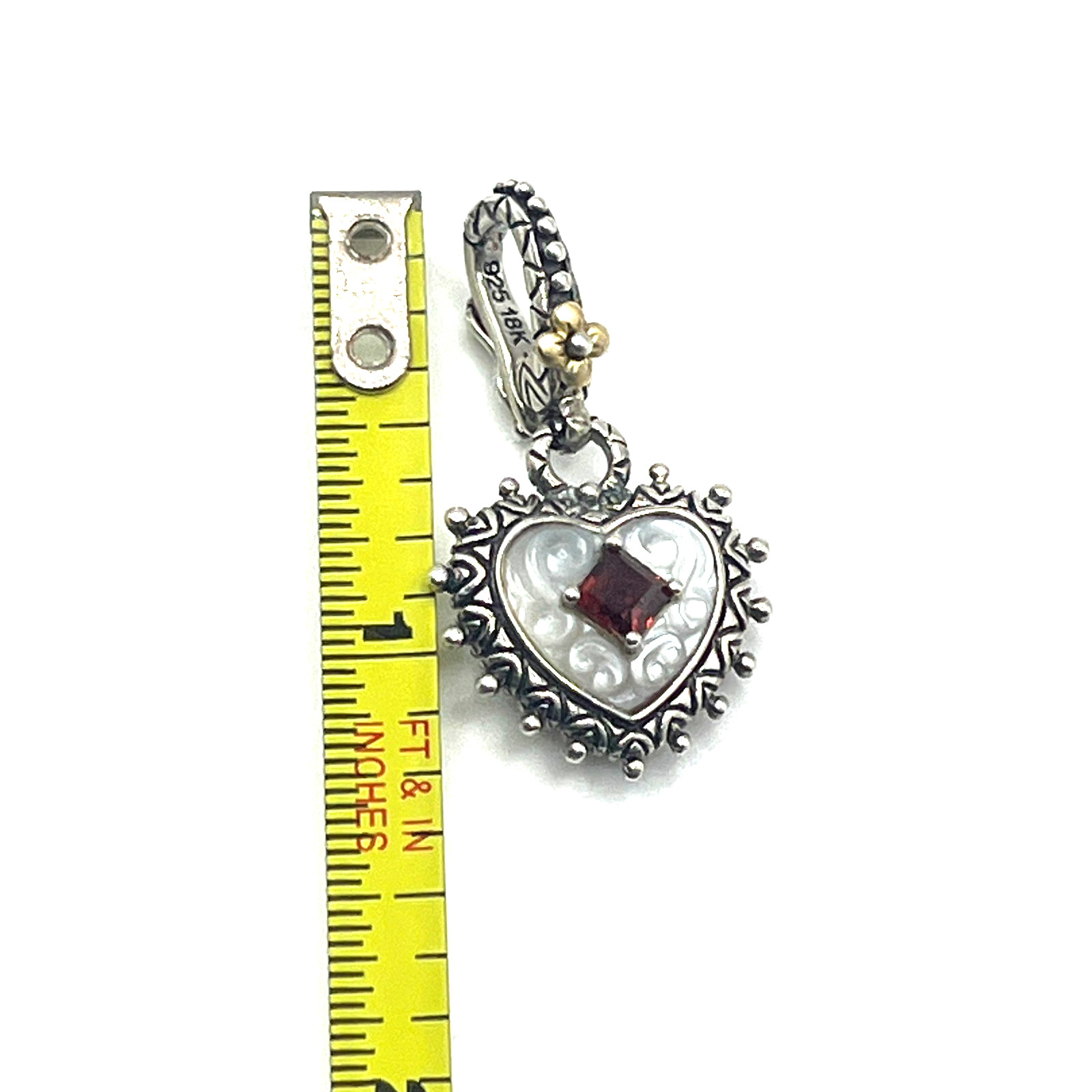 Barbara Bixby Charm Enhancer Pendant Heart Carved MOP Garnet Sterling 925 & 18K